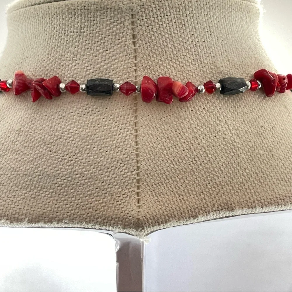 Stunning Magnetic Hematite Red Coral Chip Beaded Statement Necklace